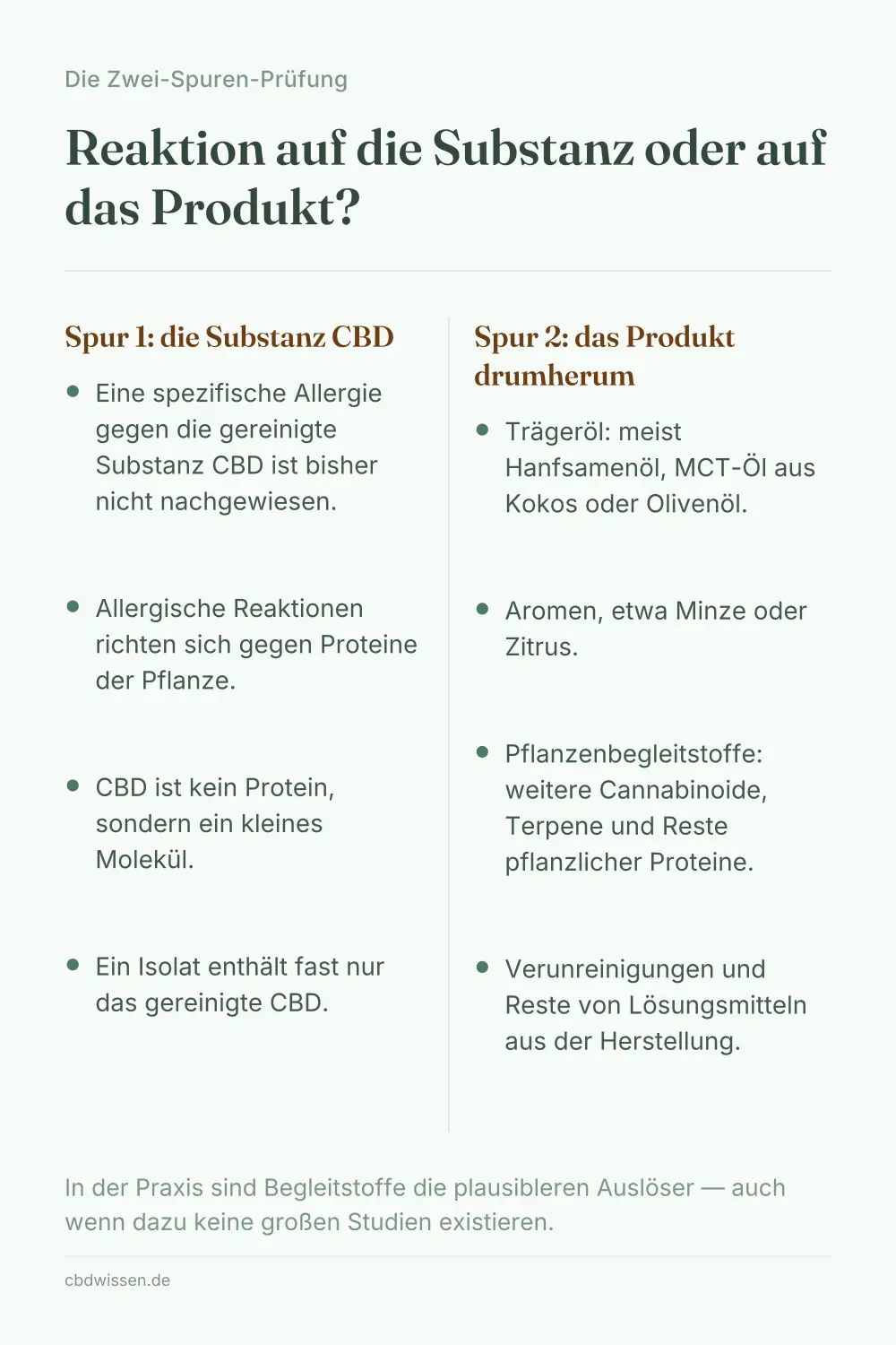 Infografik: Die Zwei-Spuren-Prüfung trennt Reaktionen auf die Substanz CBD von Reaktionen auf Trägeröl, Aromen und Begleitstoffe