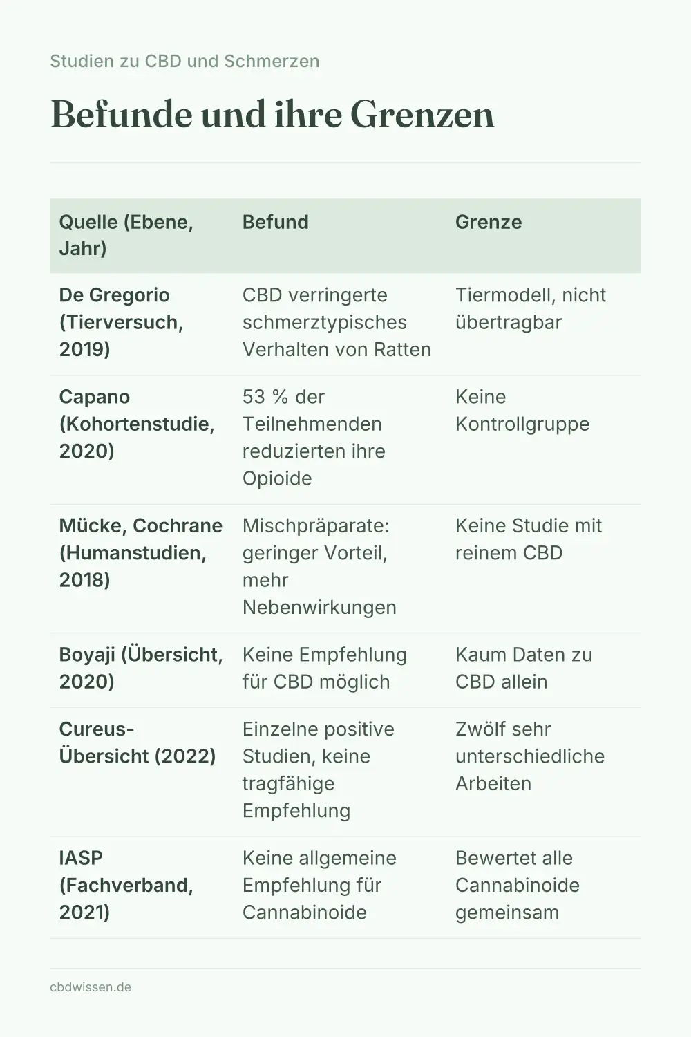 Infografik: Studientabelle zu CBD und Schmerzen mit Studientyp, Jahr, Befund und Grenze je Arbeit